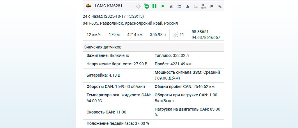 Общий-вид.png Карточка самосвала LGMG в системе мониторинга М2М: зажигание, напряжение бортовой сети, обороты, температура охлаждающей жидкости, скорость, положение педали газа, топливо, пробег и мощность GSM-сигнала.